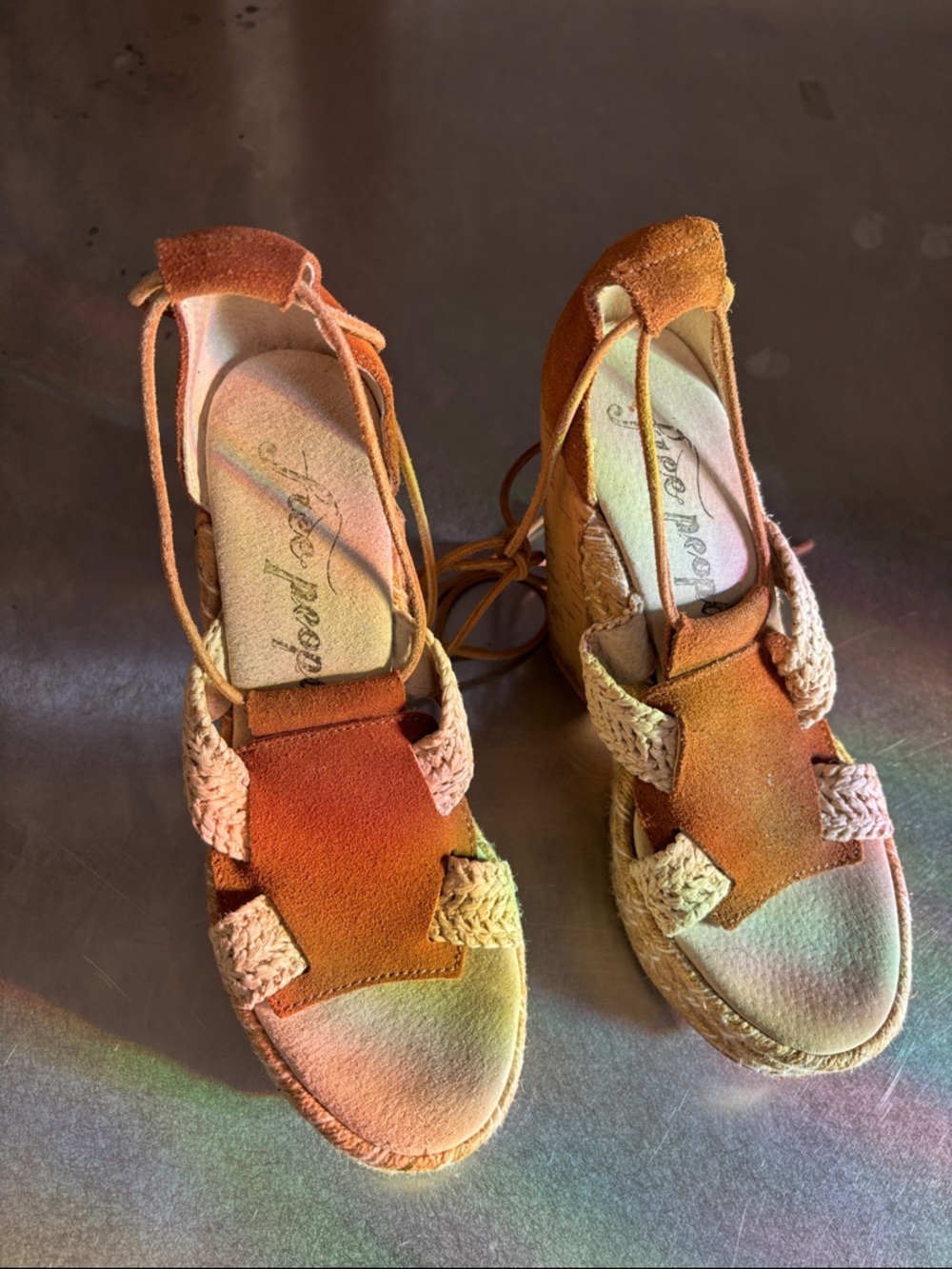 Free People Orange Suede Wedge Sandals with Natural Braided Accents